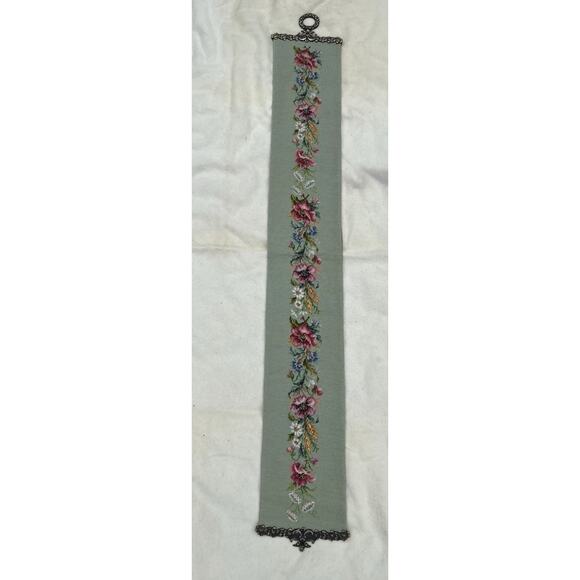 Tapestry Floral Wool Needlepoint Bell Pull Wall Hanging 66x9 Brass Hardware VTG - Picture 3 of 16